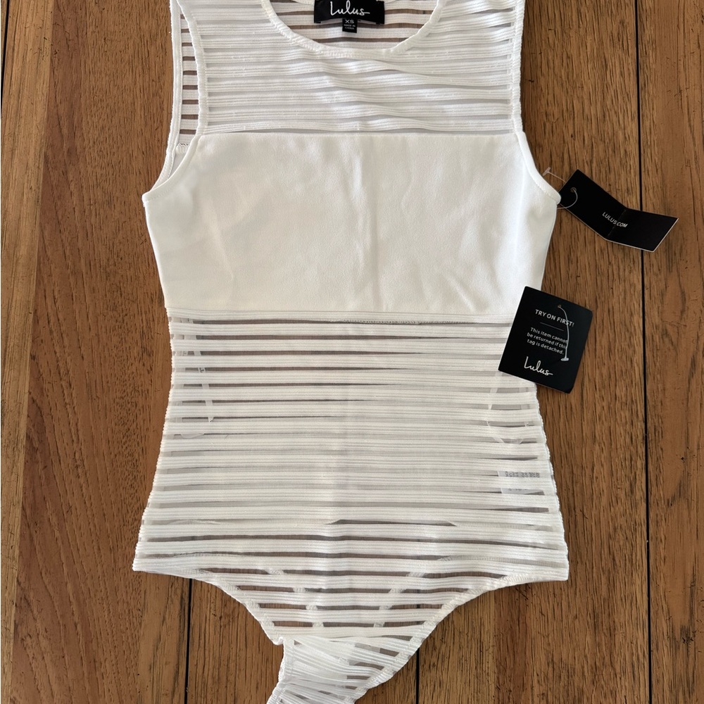 New Lulus White Sheer Striped Bodysuit